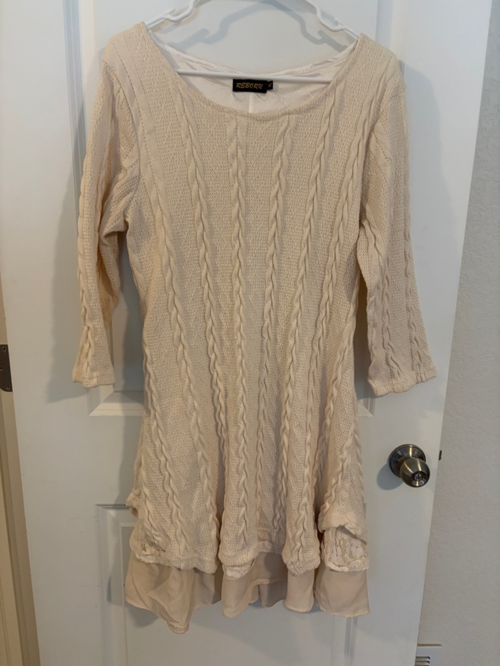 Reborn Cream Cable-Knit Sweater Dress with Chiffon Trim